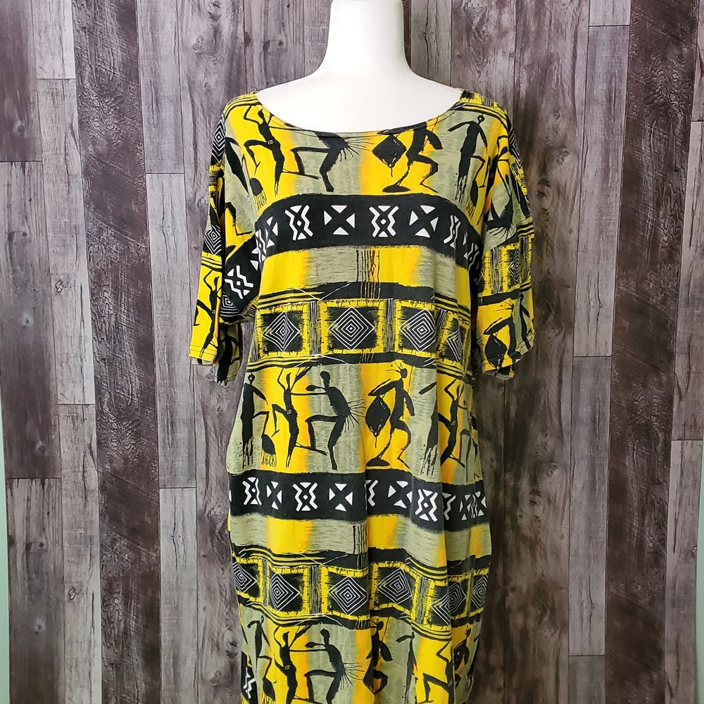 Yellow and Black Tribal Print Swim Cover Up Dress